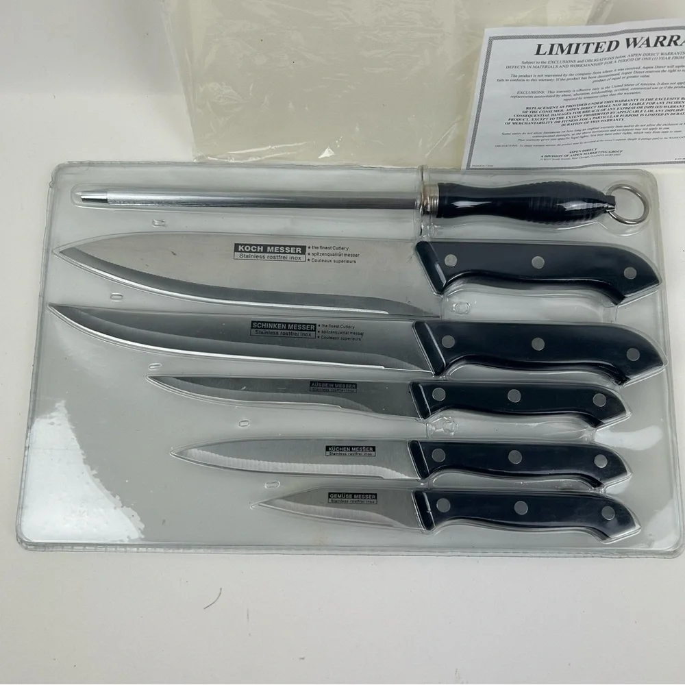VTG '2002' NOS Messer Rostfrei Inox Knife Set (5 knifes, 1 sharpener, 1 board)